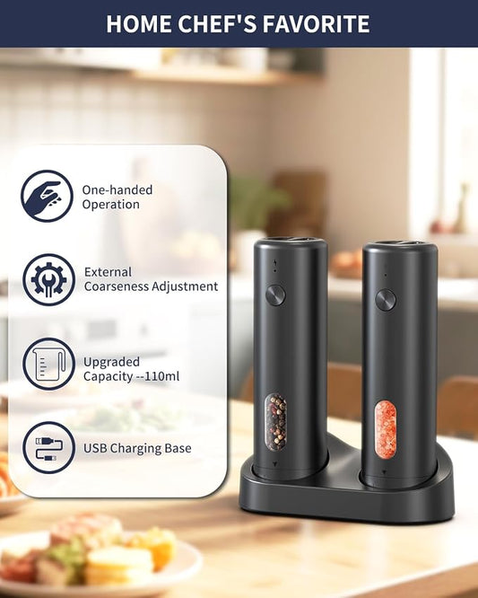 CIRCLE JOY Rechargeable Electric Salt and Pepper Grinder Set with Charging Base, Automatic Pepper Mills with 110ml Container, External Adjustable Coarseness, White Led Light, Easy to Operate, Black