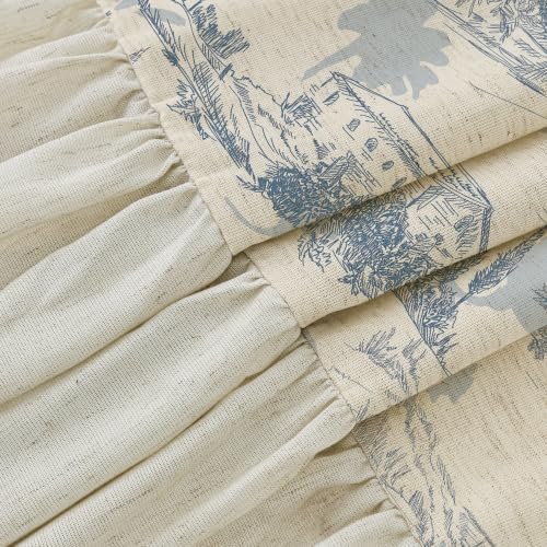 ORTIGIA Ruffle Linen Shower Curtain with Metal Hooks 72x72 Inch, Blue and White Toile de Jouy for Vintage French Country Waterproof Bathroom Decor Chateau Toile Pattern