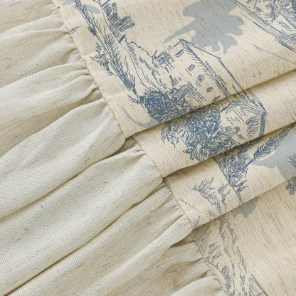 ORTIGIA Ruffle Linen Shower Curtain with Metal Hooks 72x72 Inch, Blue and White Toile de Jouy for Vintage French Country Waterproof Bathroom Decor Chateau Toile Pattern