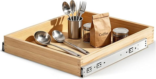 Wooden Pull Out Cabinet Organizer for Kitchen Fully Assembled 18" W x 21" D x 3" H Solid Wood Drawer with Soft Close Slides Bottom or Side Mount for Pantry Bathroom Bedroom Dining Room Storage