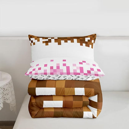Manfei Pixelated Theme Kids Comforter Toddler Size,Geometric Grid Quilt Set for Kids Boys Girls Bedroom Decor,Video Games Gamepad Bedding Set,Pink White Brown Duvet Insert,1 Pillowcase
