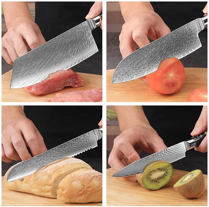 9 PCS Damascus Kitchen Knife Set - 67-Layer High-Carbon Damascus Steel, Pro Chef/Slicing/Utility/Paring Knives & Sharp Cleaver, Ergonomic Rosewood Handles, Ideal for Home/Pro Cooks (Black 9J)