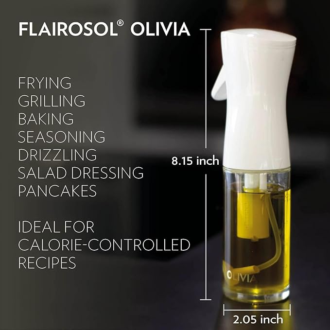OLIVIA SIGNATURE Advanced Kitchen Oil Sprayer with Flairosol Technology, Fine Mist & Portion Control, Refillable Glass Olive Oil Cooking Spray Bottle for Air Fryer, Salad, BBQ, 130ml (White Print)