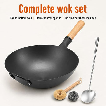 WANGYUANJI 14.2 Inch Round Bottom Carbon Steel Wok, Nitrided Iron Chinese Stir Fry Pan for Gas Wok Burner, Wok Ring Needed for Flat Gas Grates, Wooden Handle