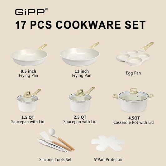 GiPP Ceramic Pots and Pans Set Non Stick - 17 Pcs Nonstick Cookware Set, Non-toxic Healthy Kitchen Cooking Set/Frying Pans Set, Dishwasher Safe, PFAS PTFE PFOA PFOS Free, Cream White