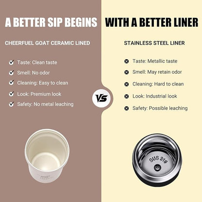 CHEERFUL GOAT Ceramic Lined Coffee Mug – Stainless Steel Travel insulated Tumbler with Ceramic Liner, with lid 12oz Leak Proof Cup for Hot and Cold Water Coffee at Home, Office, or In the Car (Coffee)