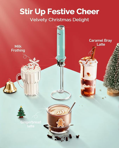 Maestri House Rechargeable Milk Frother with Stand, LunaFro Handheld Foam Maker for Lattes & Cappuccino, Christmas Gift for Coffee Lovers, Soft Aqua