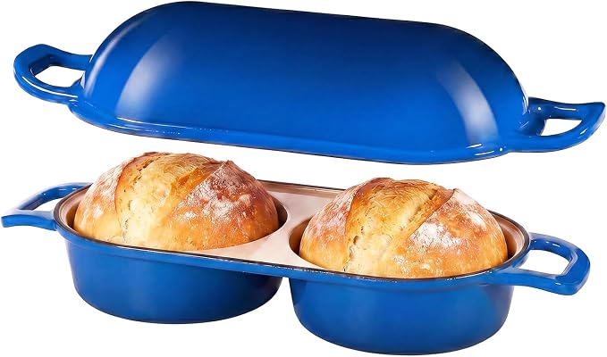 Cast Iron Dutch Oven for Sourdough Bread Baking, Enameled Bread Pot with Lid, Nonstick Double Loaf Pan for Homemade Bread, Cake & Meatloaf, Oven Safe to 500°F, 16.5cm Diameter, Blue