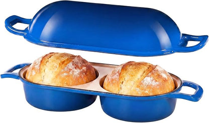 Cast Iron Dutch Oven for Sourdough Bread Baking, Enameled Bread Pot with Lid, Nonstick Double Loaf Pan for Homemade Bread, Cake & Meatloaf, Oven Safe to 500°F, 16.5cm Diameter, Blue