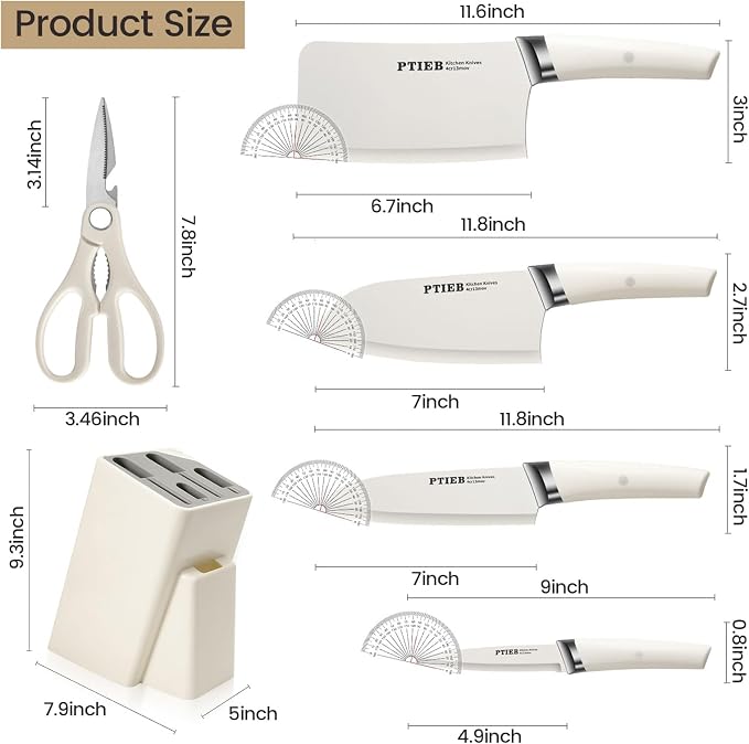 Knife Set, 6-Piece Kitchen Knife Set with Block, Stainless Steel Essentials Cutlery Block Set,Ultra-sharp Blades Chef Knives Set, Rust-Resistant, Ideal Housewarming Gift (White)