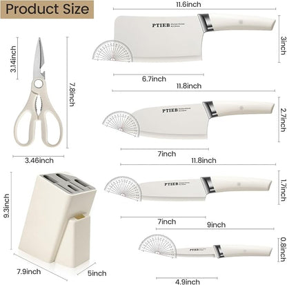 Knife Set, 6-Piece Kitchen Knife Set with Block, Stainless Steel Essentials Cutlery Block Set,Ultra-sharp Blades Chef Knives Set, Rust-Resistant, Ideal Housewarming Gift (White)