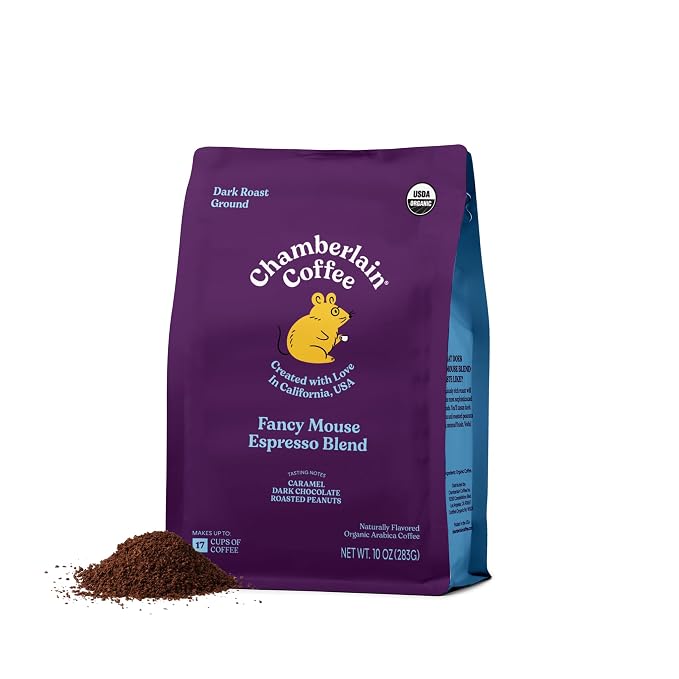Chamberlain Coffee Espresso Dark Roast Ground Coffee - USDA Organic Specialty Blend - Smooth & Balanced w/Caramel, Dark Chocolate & Roasted Peanuts Notes - Rich Flavor & No Bitterness - 10 Oz