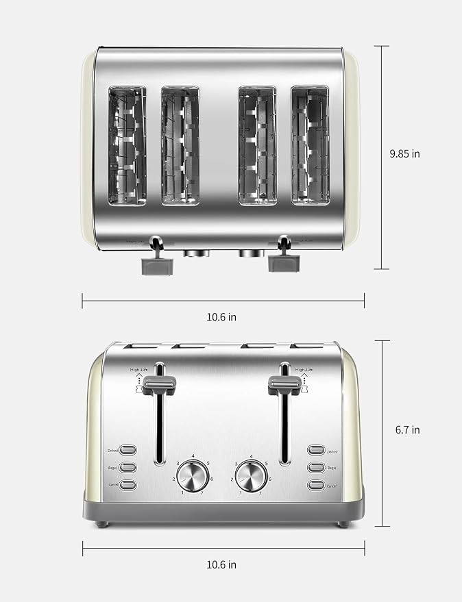 Toaster 4 Slice, Extra Wide Slots, Stainless Steel with High Lift Lever, Bagel and Muffin Function, Removal Crumb Tray, 7-Shade Settings with Warming Rack, Silver, Yabano