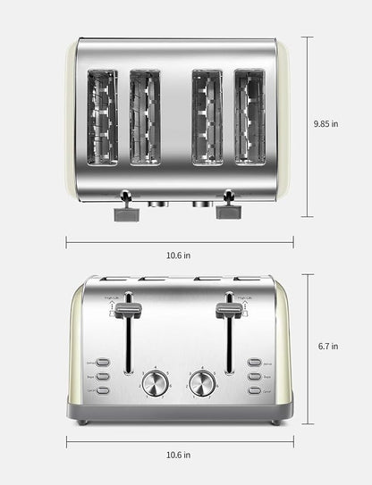 Toaster 4 Slice, Extra Wide Slots, Stainless Steel with High Lift Lever, Bagel and Muffin Function, Removal Crumb Tray, 7-Shade Settings with Warming Rack, Silver, Yabano
