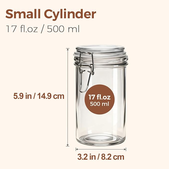 ComSaf 16oz Pint Jars with Airtight Lids (Set of 6), Cylindrical Glass Canisters for Sourdough Starter, Overnight Oats, & Pantry Organization, 500ml Hermetic Jars for Fermenting, Coffee & Spices