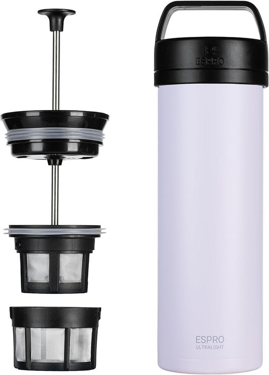 ESPRO Go P0 Ultralight French Press Coffee Maker for Travel, Vacuum Insulated Stainless Steel, 16 Ounces, Light Pink