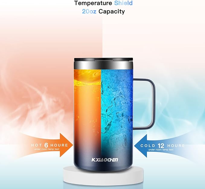 KXIAOCHEN 20oz Insulated Coffee Mug with Lid, Stainless Steel Coffee Cup, Double Wall Vacuum Coffee Tumbler with Handle, Premium Thermal Travel Coffee Mug (Navy Blue)
