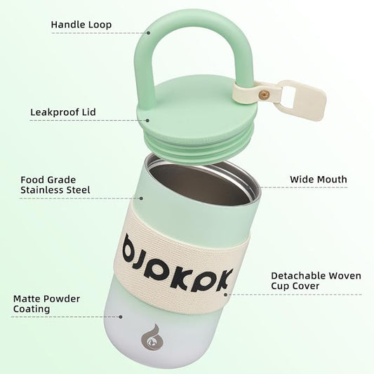 BJPKPK 13oz Insulated Stainless Steel Loop Tumbler With Lid And Handle Travel Coffee Mug Thermal Cup,Green Fog