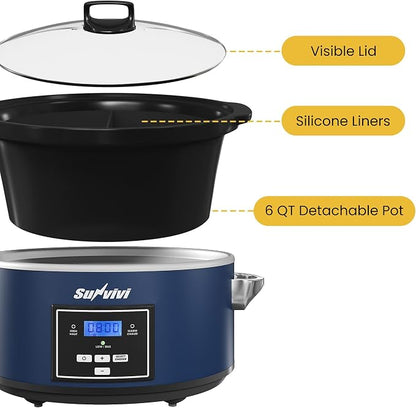 Programmable Slow Cooker, Multi-Cooker with 2 in 1 Silicone Slow Cooker Liners, 6 QT Food Warmer with Digital Timer, 3 Adjustable Temp & Dishwasher Safe Parts, Stainless Steel, Blue