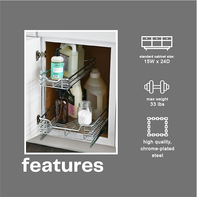 Household Essentials Glidez 2‑Tier Large Multipurpose Chrome‑Plated Steel Pull‑Out/Slide‑Out Under Sink Organizer, Chrome Finish