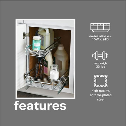 Household Essentials Glidez 2‑Tier Large Multipurpose Chrome‑Plated Steel Pull‑Out/Slide‑Out Under Sink Organizer, Chrome Finish