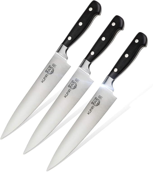 KUMA Multi Purpose Chef Knife Pro Bolster Edition (Set of 3) - 8 Inch Chef's Knife for Carving, Slicing & Chopping - Great Ergonomic Handle - Professional Kitchen Knives