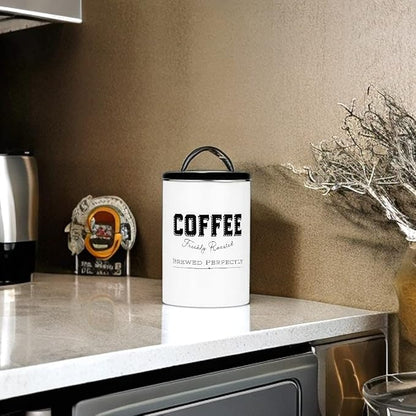 Amici Home Cottage Metal Coffee Canister (Small) - 42 oz Modern Black & White Tin with Handle Lid, Classic Typography Design for Coffee Storage - Rustic Kitchen Storage, Holiday Coffee Bar Decor