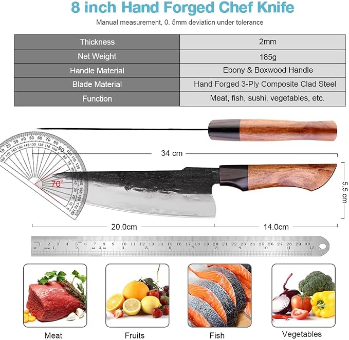 XITUO Hand-Forged Triple-Layered High Carbon Steel Knife – Professional Kitchen Knives with Ebony Sandalwood Handle, Ultra Sharp for Home Chefs (Chef Knife B)