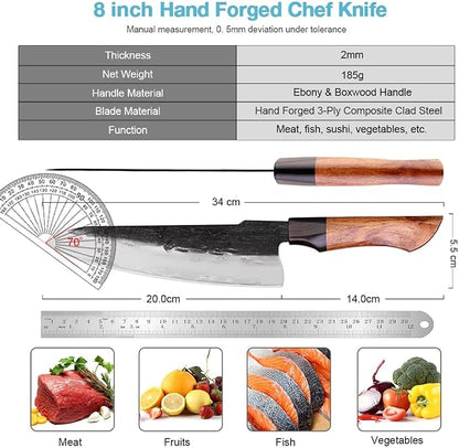 XITUO Hand-Forged Triple-Layered High Carbon Steel Knife – Professional Kitchen Knives with Ebony Sandalwood Handle, Ultra Sharp for Home Chefs (Chef Knife B)