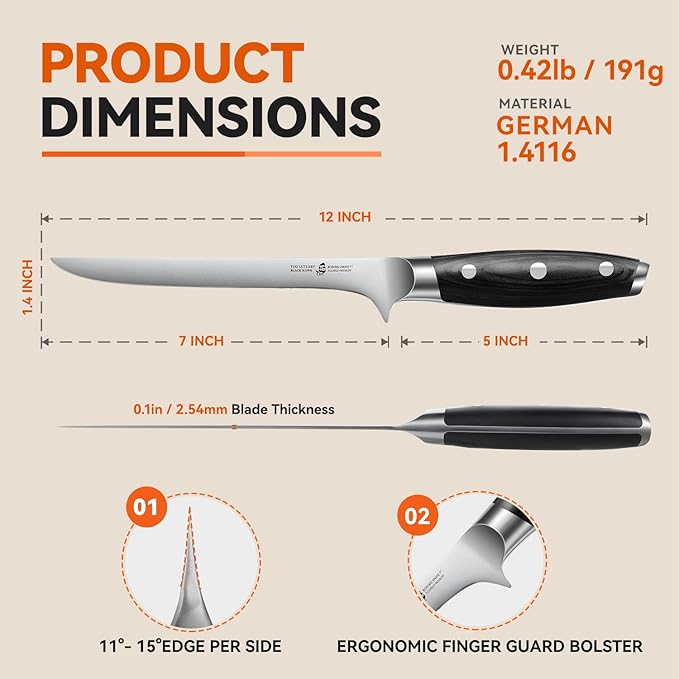TUO Boning Knife - 7 inch Fillet Knife Flexible Kitchen Knives - German HC Steel Blade for Poultry and Fillet Fish - Full Tang Pakkawood Handle - BLACK HAWK SERIES with Gift Box