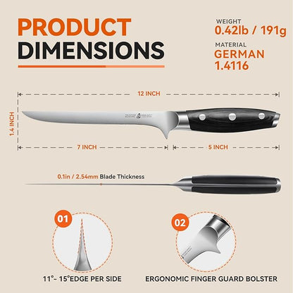 TUO Boning Knife - 7 inch Fillet Knife Flexible Kitchen Knives - German HC Steel Blade for Poultry and Fillet Fish - Full Tang Pakkawood Handle - BLACK HAWK SERIES with Gift Box