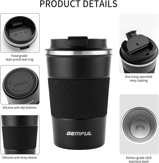 GEMFUL Leak Proof Coffee Travel Mug with Lid 13 oz Insulated Vacuum Stainless Steel Coffee Tumbler Spill Proof for Hot Cold Drinks Car Office School Party Camping (2 Pack)