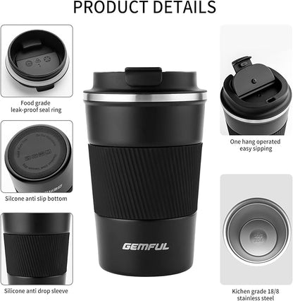 GEMFUL To Go Coffee Mug with Lid 13 oz Travel Mugs Insulated Coffee Cups Spill Proof Leak Proof Vacuum Stainless Steel for Hot Cold Drinks Women Men (Black)