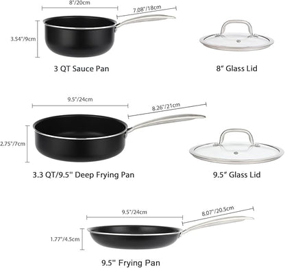 Pots and Pans Set Nonstick, 5-Piece Ceramic Cookware Set, Stainless Steel Handles, Induction Compatible & Oven Safe, Non Toxic Healthy Cooking Set for RV & Apartments, Matte Black