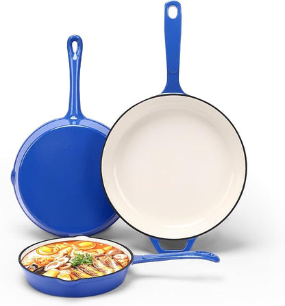 Nonstick Enameled Cast Iron Cookware - 3-Piece Skillet Set (8", 9.5" & 11"), Healthy Non-Toxic, PFOA PFAS PTFE Free, All Stovetops Compatible, Blue