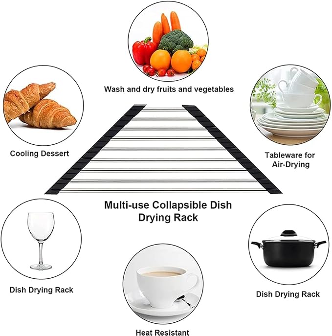 Triangle Dish Drying Rack Multipurpose Roll-up Drying Rack for Sink Corner Stainless Steel Over The Sink Corner Dish Drainer Mat for Kitchen (Black)