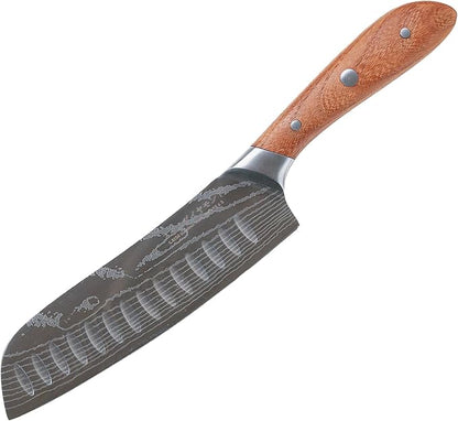 Swiss Diamond Santoku Knife, German Steel with Carbonized Ash Wood, Full Tang Handle, Damascus Blade Chef Knives Professional Grade, 55+2 Rockwell Hardness, 7 Inch