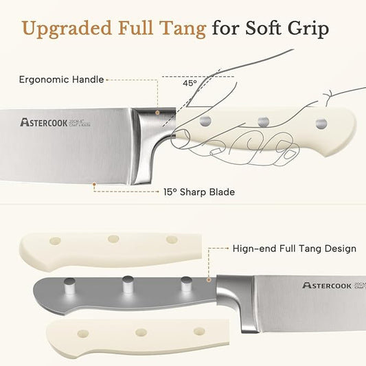 Knife Set,Astercook Kitchen Knife Set with Block 22-Piece Full Tang Stainless Steel Knives with Sharpener Dishwasher Safe and Anti-Slip Ergonomic Handle Elegant Cream White Utensils Set