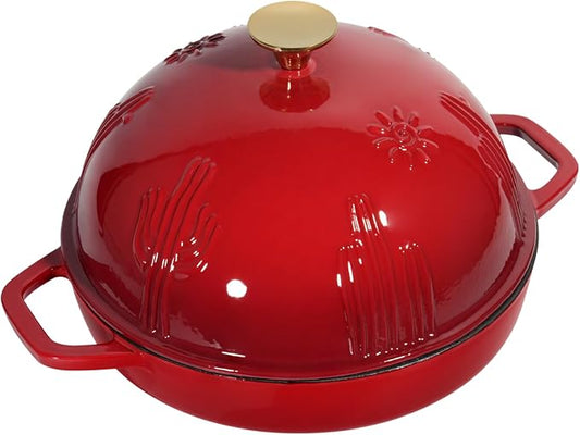 Flavehc Cast Iron Bread Oven With Cloche Lid for Baking - Red Enameled Dutch Oven With Dome Lid for Sourdough - 5 qt