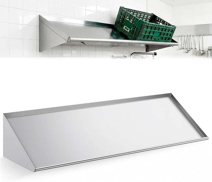 63" x 22.5" Stainless Steel Wall Mounted Dish Drying Slanted Rack with Drain Outlet for Peg Dish Rack Commercial Shelves Metal Shelving for Kitchen Bar Restaurant