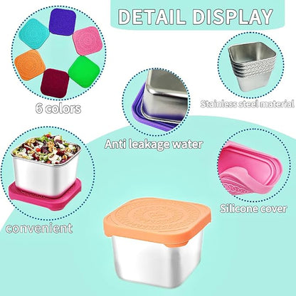 HTEVW 6Pack 6oz Stainless Steel Snack Containers for Kids, Easy Open Leak Proof Metal Toddler Snack Containers with Silicone Lids, Stackable Metal Toddler Lunch Box for Daycare, School and Travel