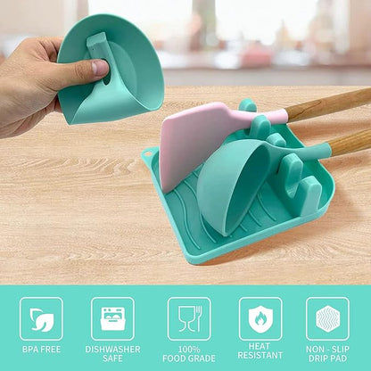 2 Pack Multiple Utensil Spoon Rest with Drip Pad Non-Slip Heat Resistant Kitchen and Grill Spoon Holder for Spatula, Ladle, Tongs, Kitchen Gadgets, and Cooking Accessories (Lake Green)