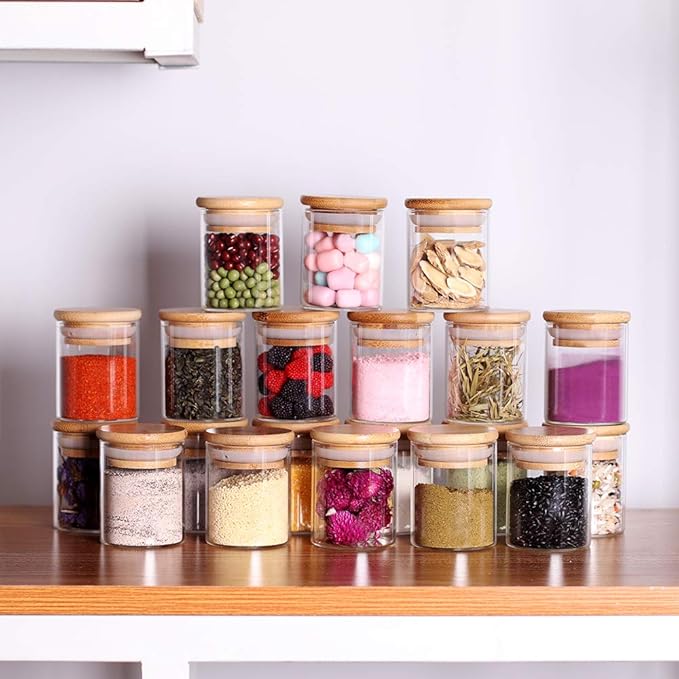 Tzerotone Spice Jar Set,2.5oz 20 Piece Glass Jar with Bamboo Airtight Lids and Labels, Mini Clear Food Storage Containers for pantry, kitchen canisters for Tea, Herbs, Sugar, Salt, Coffee