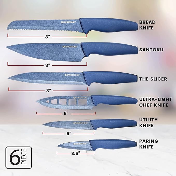 Granitestone Nutriblade Knife Set, High Grade Professional Chef Kitchen Knives Set, Knife Sets Toughened Stainless Steel w Nonstick Mineral Coating, Blue, 6 Piece