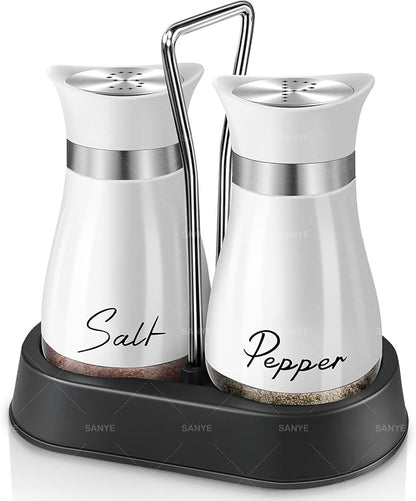 Salt and Pepper Shakers, Farmhouse Salt and Pepper Shakers Set with Holder, electroplated Handle, 4 oz Stainless Steel Glass Bottle Dispenser, for Table, RV, Camp, BBQ (White)