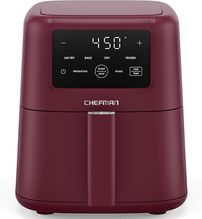 Chefman Air Fryer – 4-in-1 Slim 3.5 QT Airfryer, Air Fry, Bake, Dehydrate, Frozen, 450°F Max Temp for Extra Crispy Results in Minutes, Nonstick Ceramic Coating, Dishwasher-Safe Accessories - Red