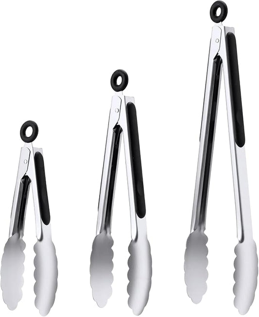 Stainless Steel Tongs Set, Food Grade Stainless Steel Kitchen Tongs, Heat Resistant 600 Degrees, for Cooking, BBQ Barbecue, Grilling, Buffet, Serving (7"+9"+12")