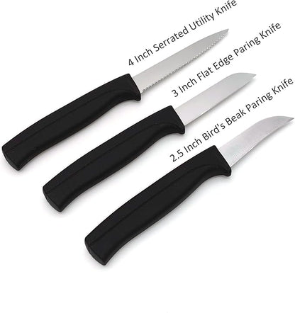 Paring Knife Set, MATTSTONE HILL Kitchen Knife Set - 4" Serrated Utility, 3" Fruit and Vegetable Knife, 2.5" Peeling Knife, Premium Stainless Steel, Semi Soft Handle, Black