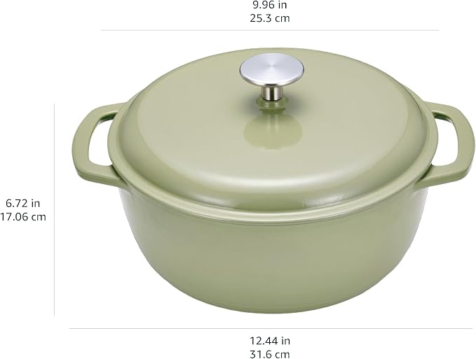 Amazon Basics Cast Iron Dutch Oven Pot with Lid, Enameled, Dual Handles, Round, Heavy-Duty, Small, 4.3-Quart, Olive