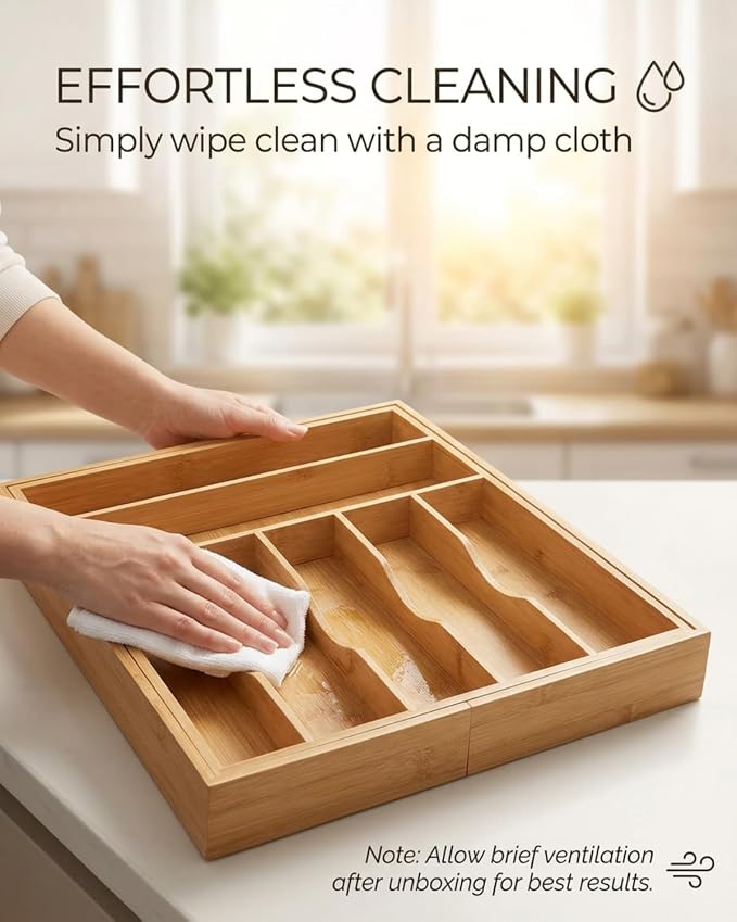 Expandable Bamboo Silverware Drawer Organizer, 5-7 Compartments | Expands to Fit Most Drawers, 5-7 Compartments, Dual-Zone Storage for Flatware and Large Utensils